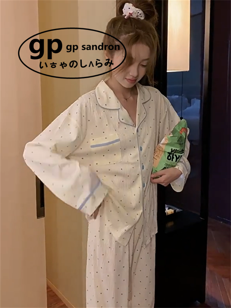 日本gp睡衣女褶皱波点甜美家居服