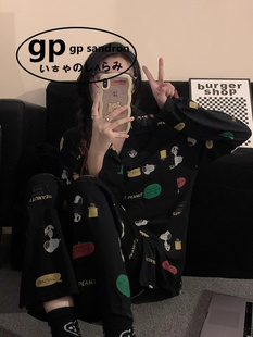 日本小众GP史努比睡衣女纯棉春秋款卡通黑色长袖冬季情侣家居服男