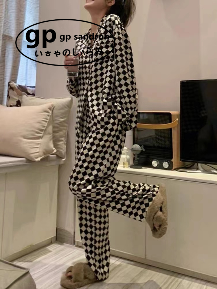 日本gp睡衣女棋盘格可外穿家居服