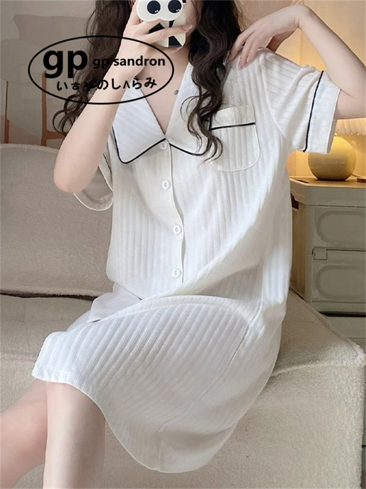 日本小众gp睡衣女款夏季纯棉短袖高级感家居服条纹绿边睡裙连衣裙