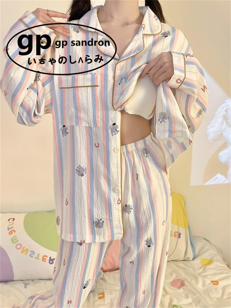 日本gp睡衣女士开衫带胸垫一体式