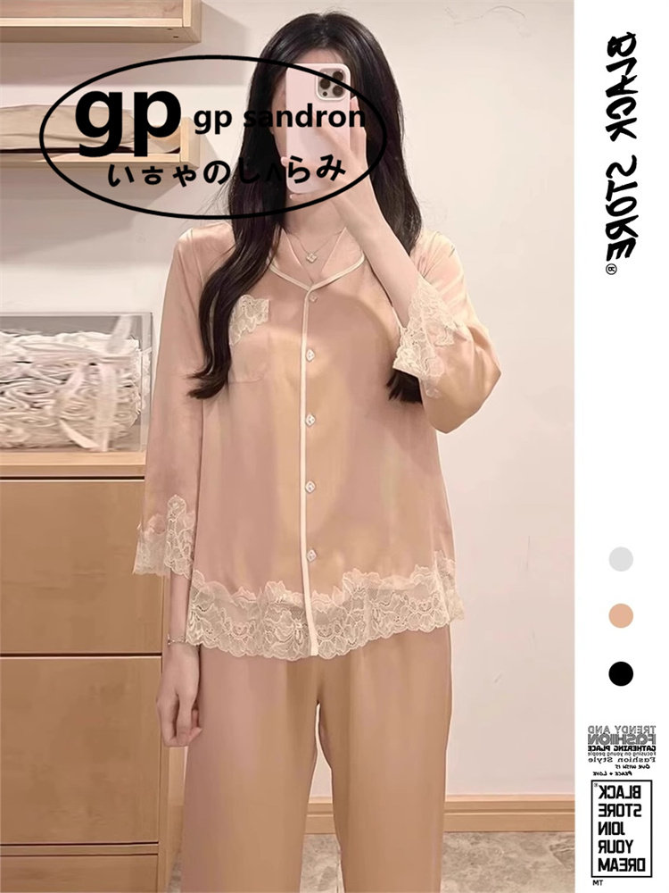 日本gp冰丝长袖睡衣女蕾丝花边