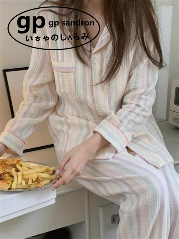 gp睡衣女彩虹条纹纯棉纱布家居服