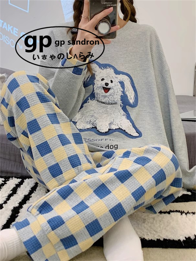 日本gp小狗睡衣女格子裤家居服