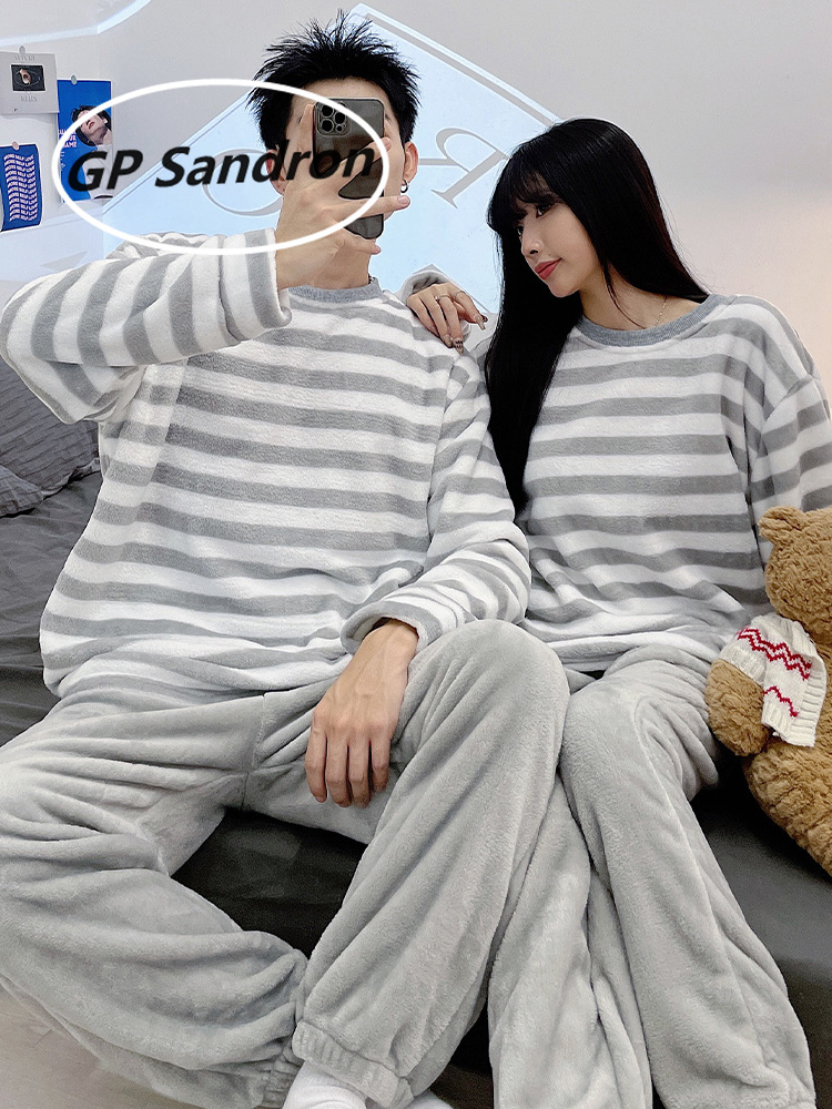 珊瑚绒睡衣女情侣条纹家居服男士