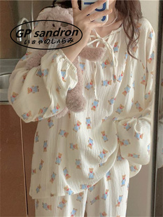 日本小众gp睡衣女春秋季纯棉纱布可爱小熊家居服套装连衣裙睡裙女