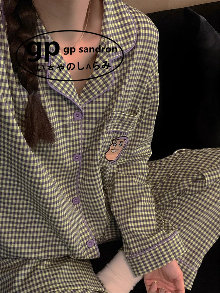 日本gp格子睡衣女纯棉长袖卡通