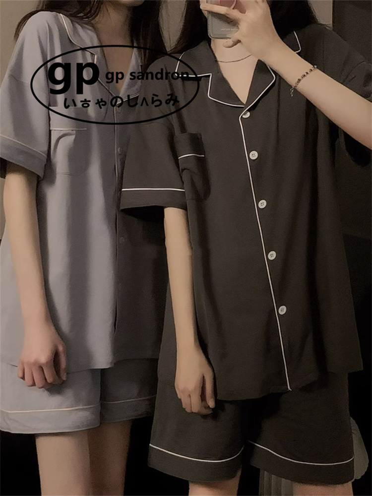 日本GP纯棉睡衣女纯色男家居服