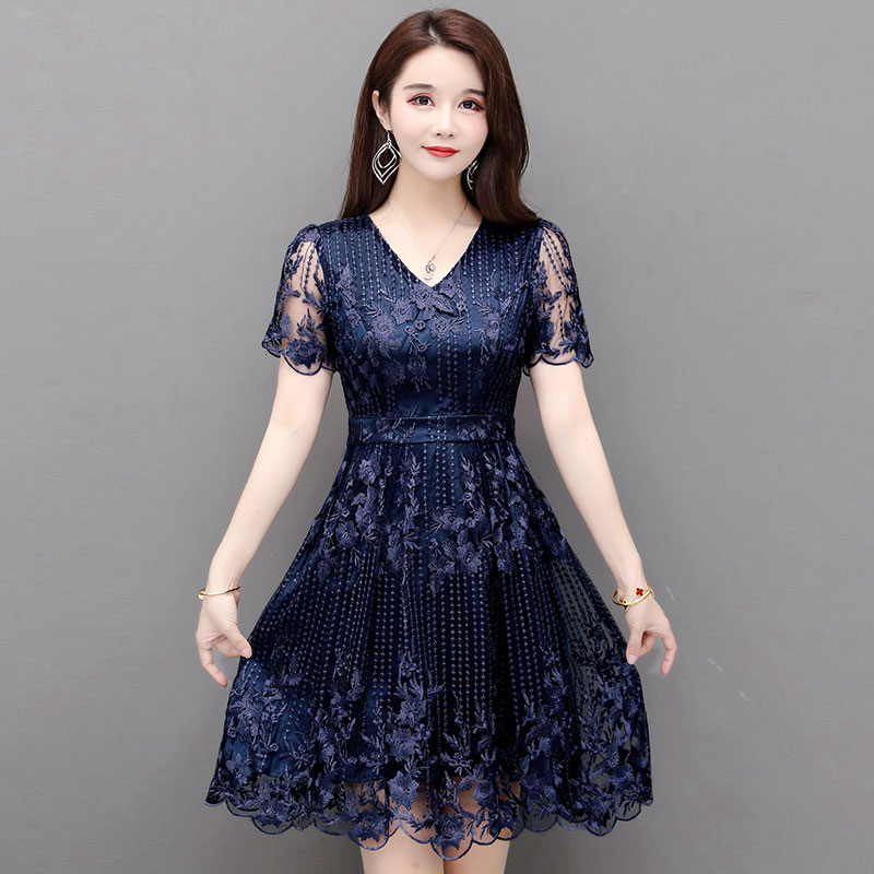 2023夏季短袖蕾丝连衣裙女30到40至50岁中年妈妈修身中长款夏天裙