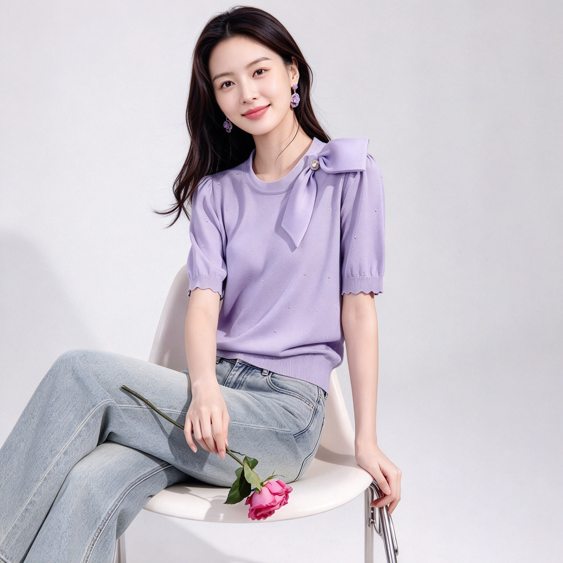 珂莱希商场同款高品质蝴蝶结针织衫短袖女春夏秋季上衣带珠钻高级