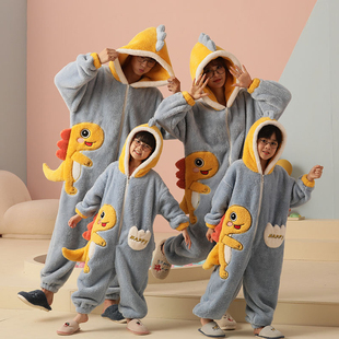 儿童恐龙连体衣冬季法兰绒亲子装一家三口珊瑚绒保暖女孩加厚睡衣