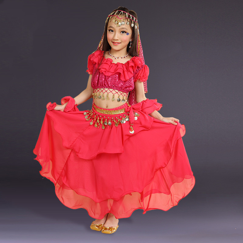 夏儿童表演服肚皮舞荷叶短袖蛋糕裙套装练功服少儿印度民族舞蹈服