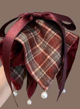 日本代购复古格纹蝴蝶结飘带马尾抓夹洋气红色显白盘发鲨鱼夹顶夹