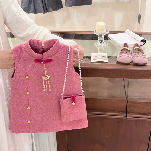 女童新中式树莓粉无袖连衣裙