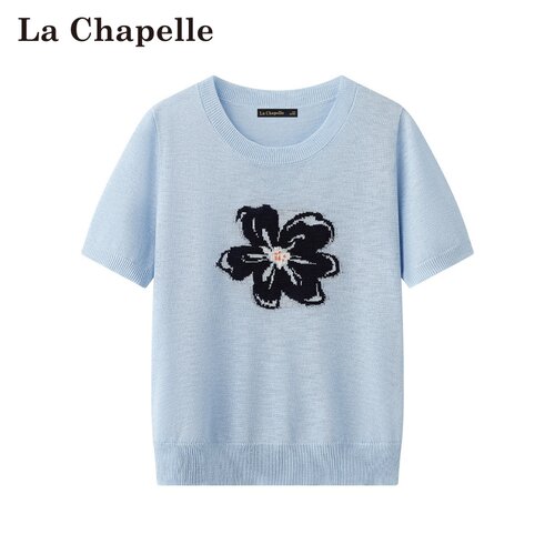 拉夏贝尔/La Chapelle春夏新款通勤风圆领时尚提花减龄针织短袖