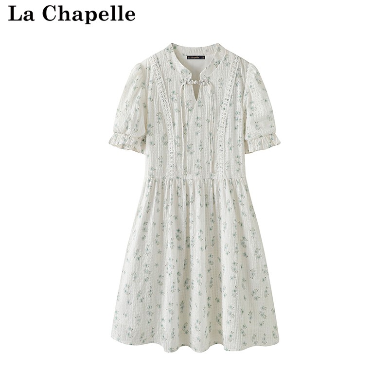 拉夏贝尔/La Chapelle夏季新中式国风盘扣连衣裙碎花镂空短袖裙子