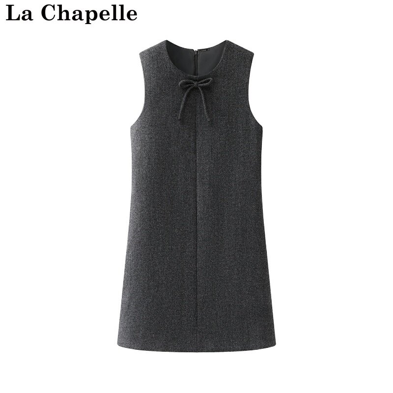 拉夏贝尔/La Chapelle秋冬新款纯色蝴蝶结毛呢时尚无袖通勤风裙子