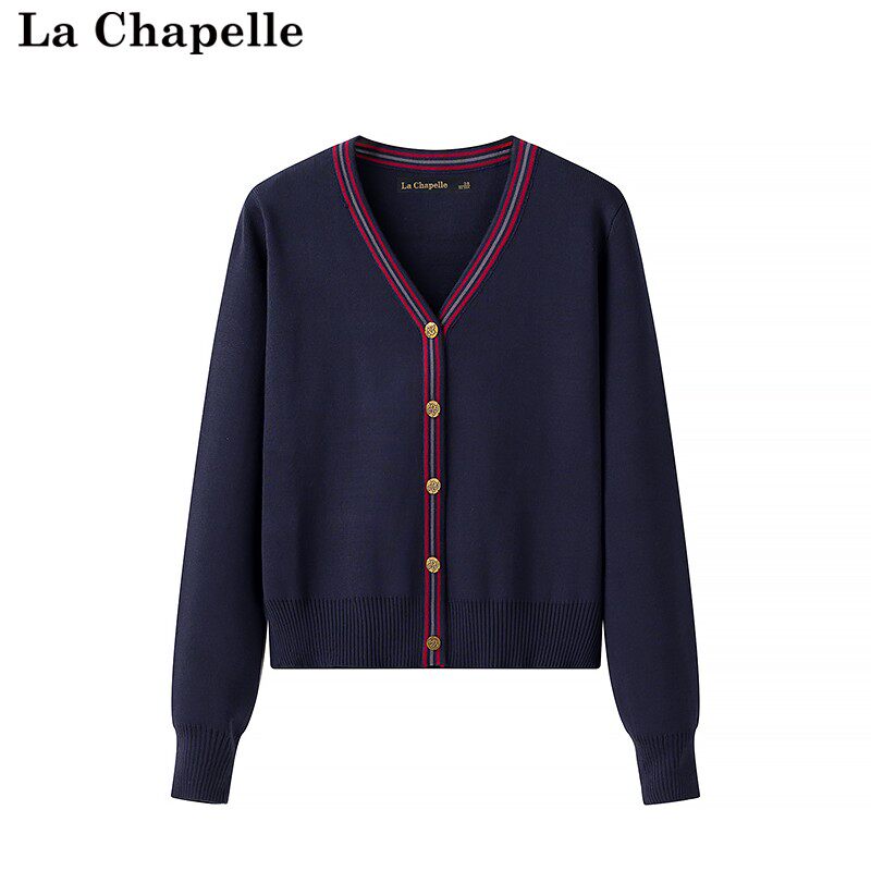 拉夏贝尔/La ChapelleV领长袖针织开衫女秋冬复古显白学院风毛衣