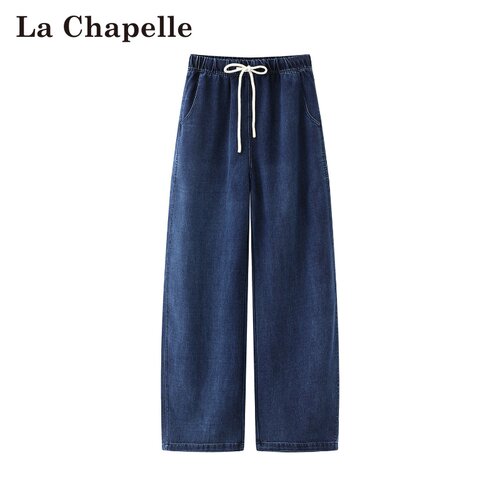 拉夏贝尔/La Chapelle春季新款松紧腰抽绳休闲风显瘦直筒牛仔长裤