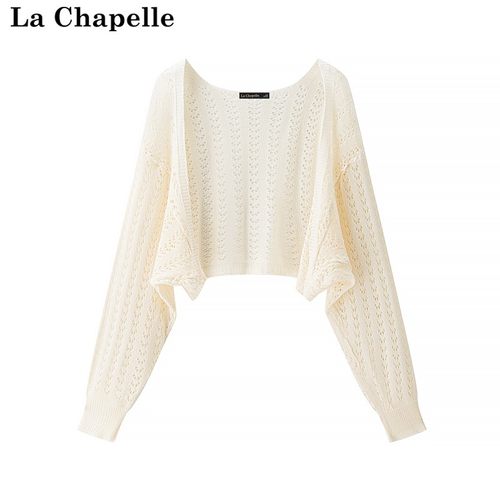 拉夏贝尔/La Chapelle杏色镂空长袖针织开衫女夏季外搭防晒衫坎肩