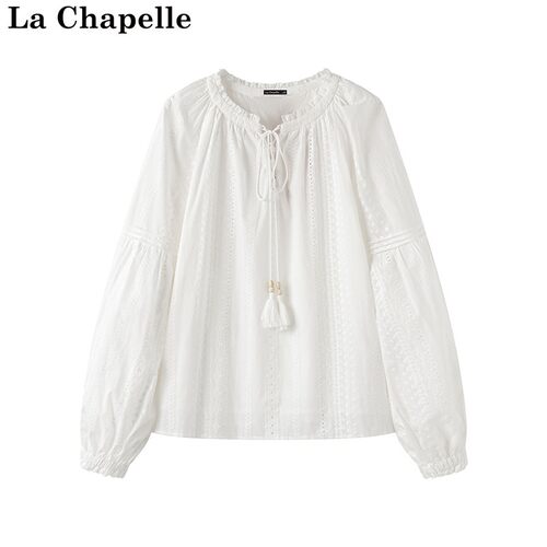 拉夏贝尔/La Chapelle早秋新款圆领系绳镂空宽松休闲气质长袖衬衫