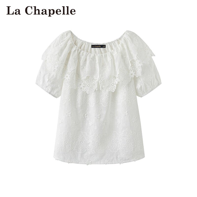拉夏贝尔/La Chapelle春夏新款休闲风法式一字领花边刺绣短袖衬衫