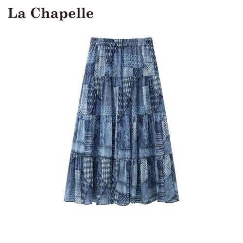 拉夏贝尔/La Chapelle春夏通勤风高腰蓝色印花拼接度假风半身裙女