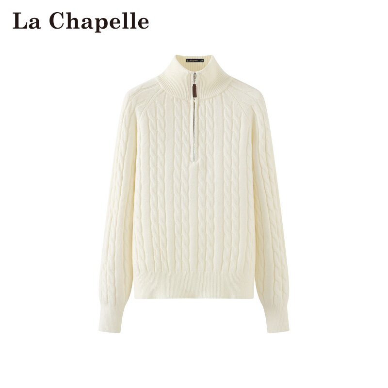 拉夏贝尔/La Chapelle秋冬新款纯色立领套头麻花修身显瘦针织衫女