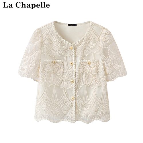 拉夏贝尔/La Chapelle夏季新款小香风刺绣高级感法式短袖修身上衣