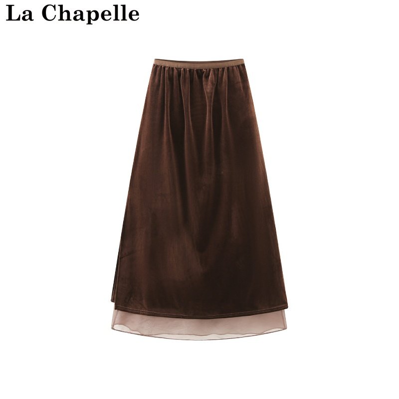 拉夏贝尔/La Chapelle秋冬新款高腰网纱拼接气质开叉直筒半身裙女