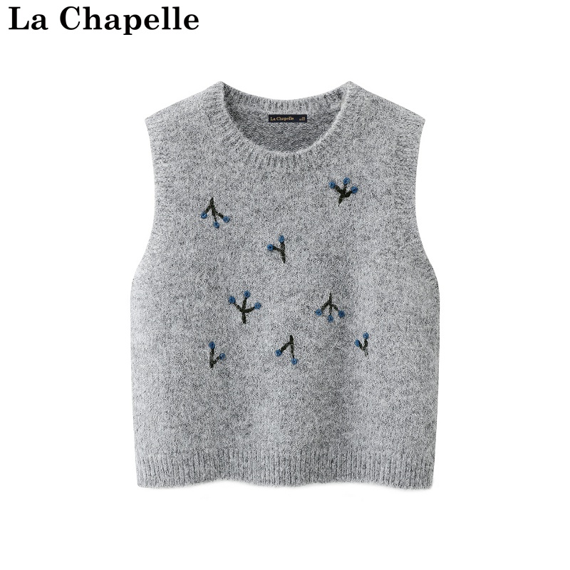 拉夏贝尔/La Chapelle冬季新款韩系刺绣通勤风无袖叠穿马甲背心女