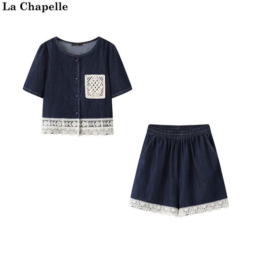 拉夏贝尔/La Chapelle夏季拼接撞色短袖牛仔上衣休闲时尚短裤套装