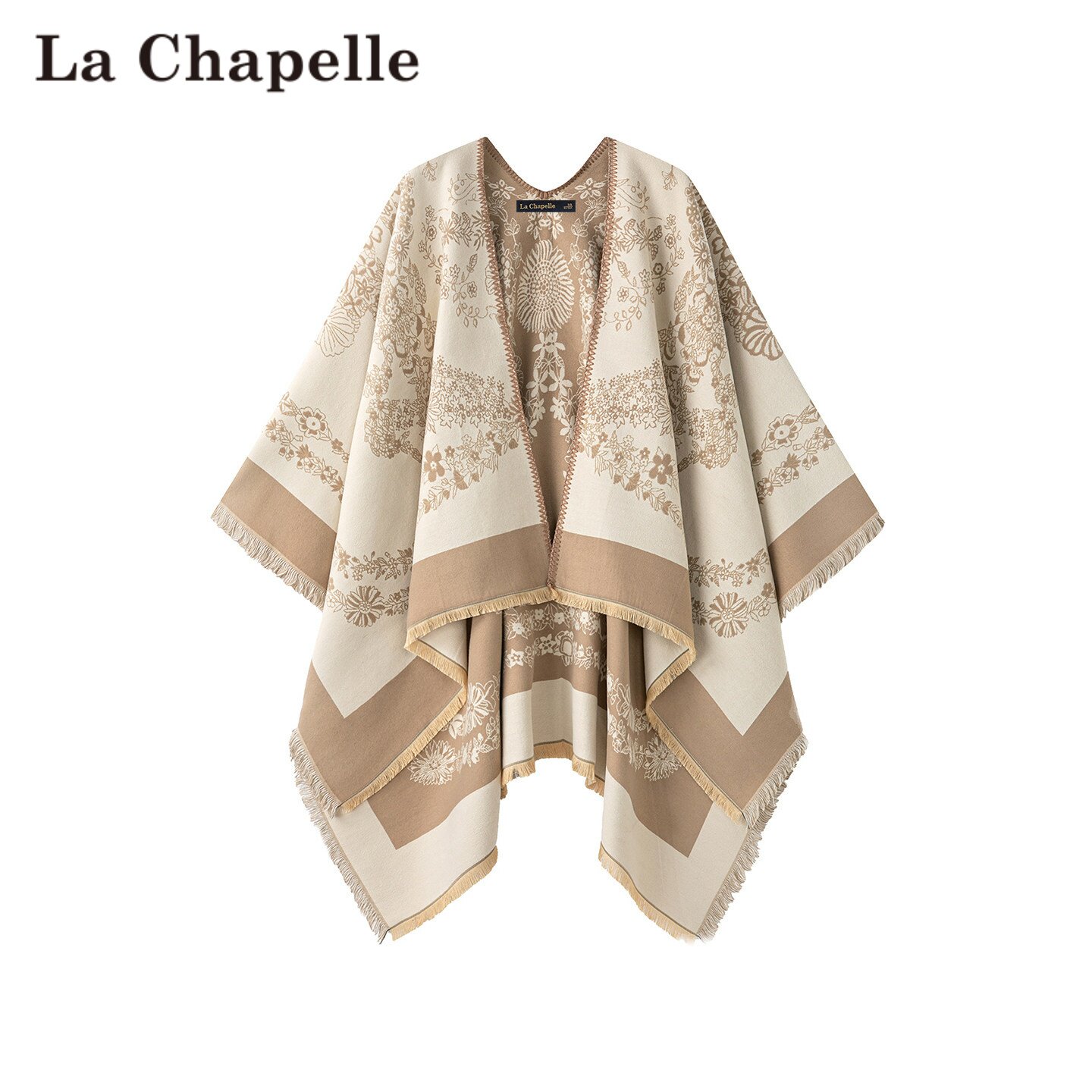 拉夏贝尔/La Chapelle民族风花卉提花披肩女秋冬保暖流苏斗篷外搭