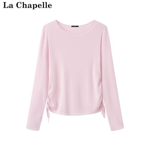 拉夏贝尔/La Chapelle春季新款韩版抽丝褶皱长袖针织衫圆领套头衫