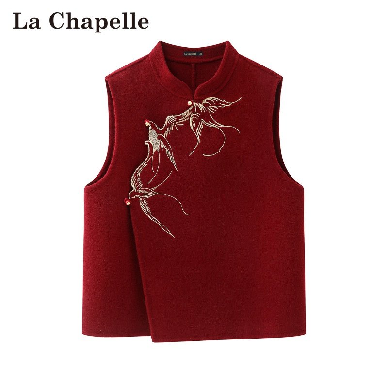 拉夏贝尔/La Chapelle春季新款立领新中式刺绣外搭无袖毛呢马甲女
