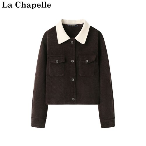 拉夏贝尔/La Chapelle秋冬新款撞色翻领短款复古灯芯绒夹克外套女