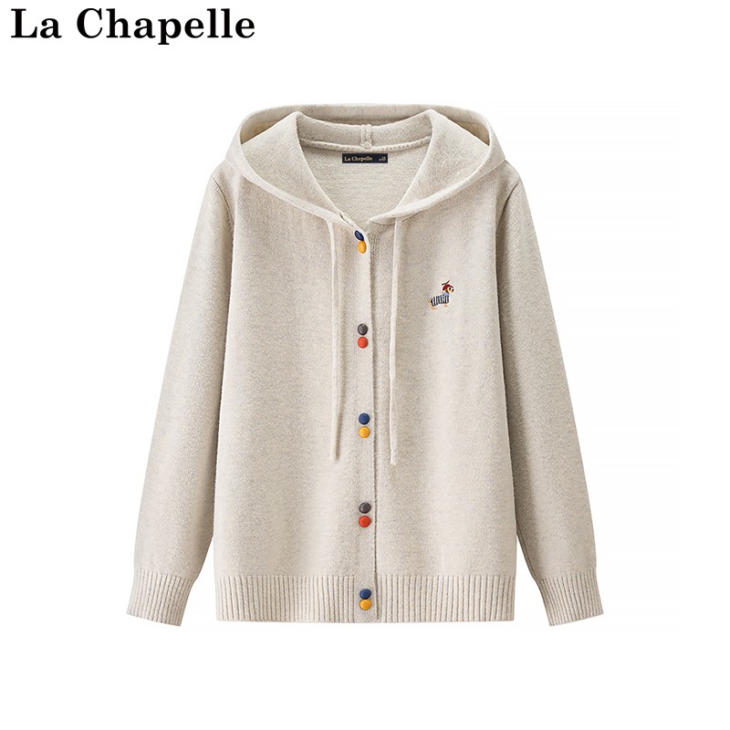 拉夏贝尔/La Chapelle秋季新款连帽宽松刺绣减龄通勤软糯针织开衫