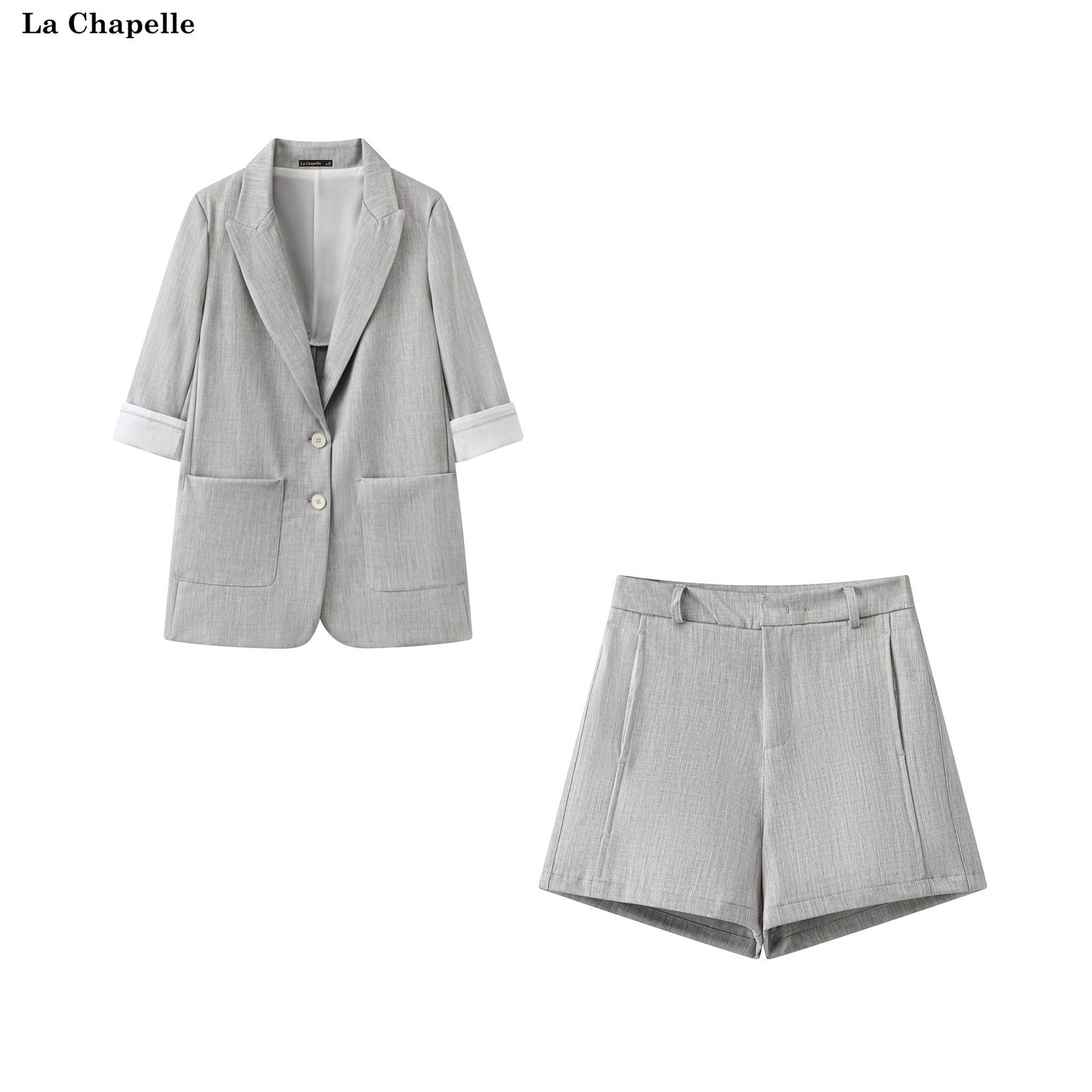 拉夏贝尔/La Chapelle夏季新款时尚灰色通勤西装外套上衣短裤套装