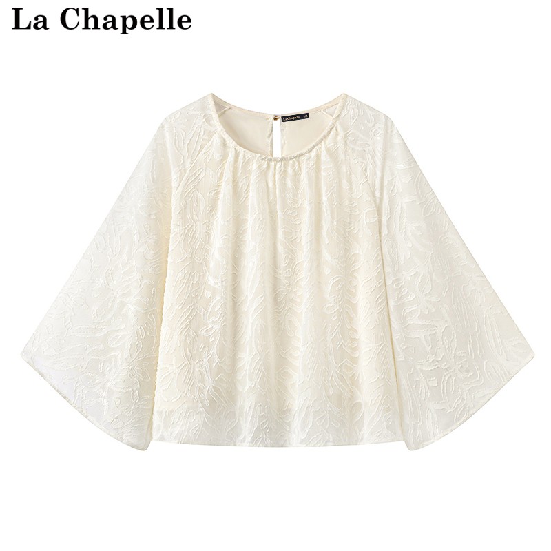 拉夏贝尔/La Chapelle夏季新款七分袖圆领雪纺衫女新中式刺绣上衣