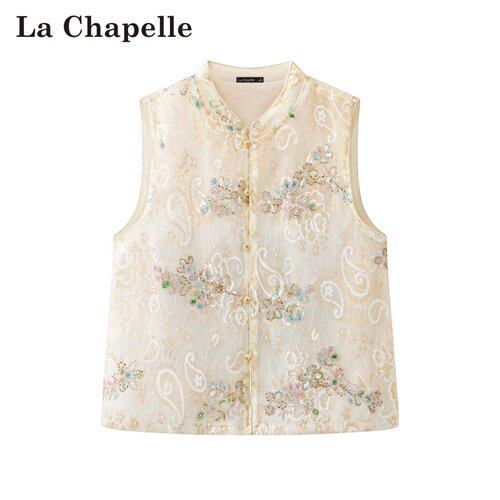拉夏贝尔/La Chapelle春夏新款国风重工亮片刺绣外搭薄款无袖马甲