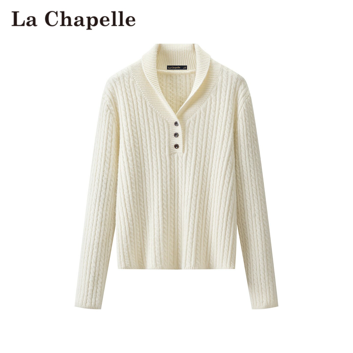拉夏贝尔/La Chapelle翻领麻花针织衫女长袖纽扣显瘦百搭毛衣上衣