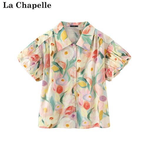 拉夏贝尔/La Chapelle夏季新款法式印花短袖衬女宽松显瘦短袖上衣