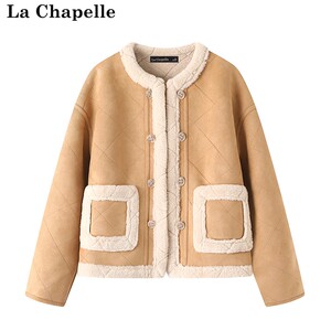 拉夏贝尔/La Chapelle秋冬款拼接加绒毛毛外套麂皮绒显瘦宽松上衣