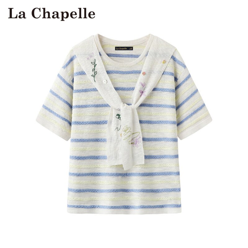 拉夏贝尔/La Chapelle春夏新款套头圆领设计感刺绣披肩条纹上衣女
