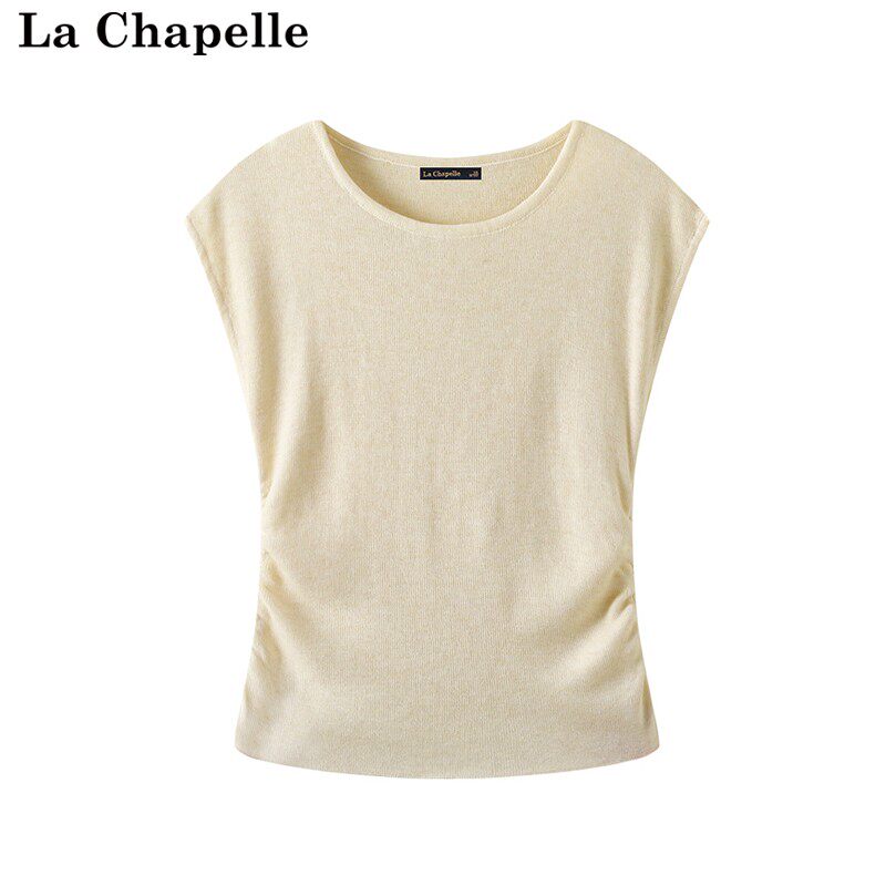 拉夏贝尔/La Chapelle夏季新款纯色腰部褶皱显瘦针织短袖小T恤女