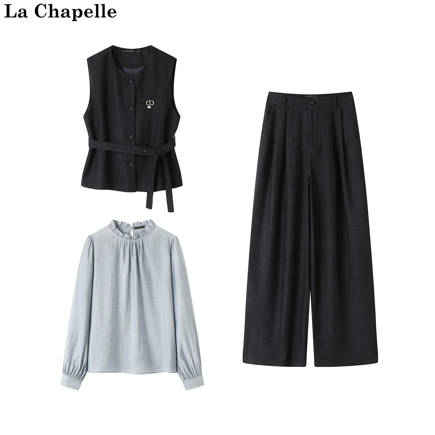 拉夏贝尔/La Chapelle秋季新款通勤显瘦马甲木耳边衬衫休闲裤套装
