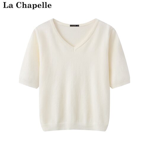 拉夏贝尔/La Chapelle简约百搭设计感V领小众纯色针织短袖上衣女