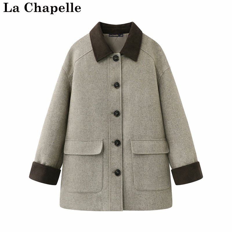 拉夏贝尔/La Chapelle秋冬新款撞色翻领通勤风气质厚款夹棉外套女
