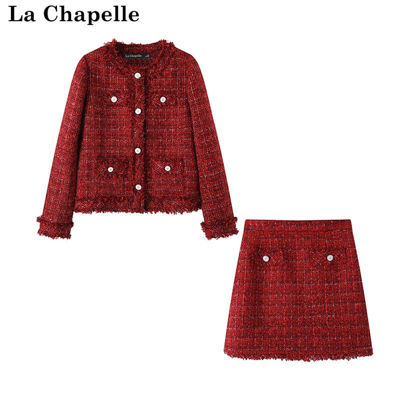 拉夏贝尔/La Chapelle冬季新款红色名媛风高级感外套短裙两件套女,女装/女士精品,时尚套装,淘宝优惠券,粉丝福利购,淘宝优惠卷
