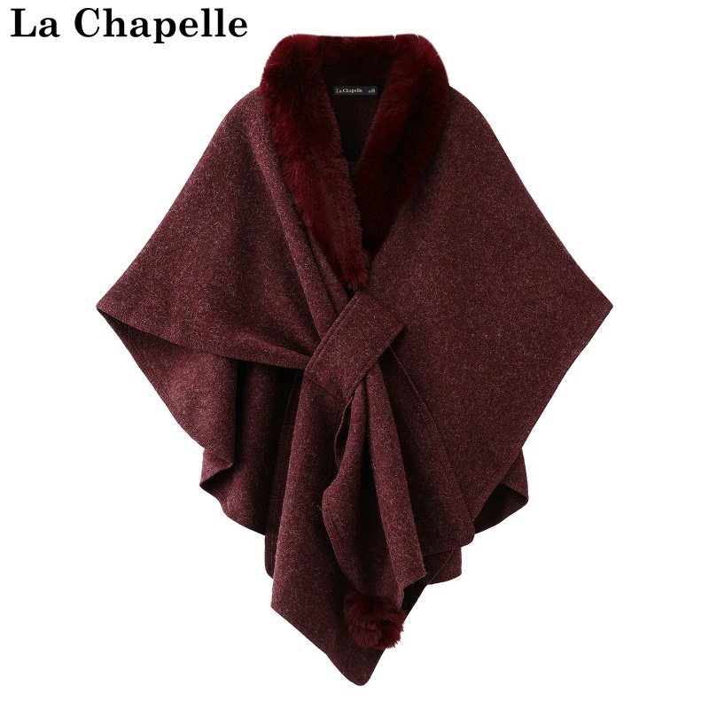 拉夏贝尔/La Chapelle冬季厚针织披肩女毛领斗篷旗袍外搭开衫上衣